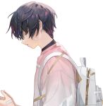  1boy backpack bag bandaid bandaid_on_cheek bandaid_on_hand black_hair chyoel closed_eyes fingernails from_side highres male_focus original parted_lips profile simple_background solo upper_body white_background white_bag 