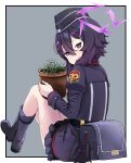  1girl abe_kanari belt_pouch blue_archive boots commentary_request hair_between_eyes hair_ornament halo haruka_(blue_archive) hat looking_at_viewer military military_uniform open_mouth plant potted_plant pouch purple_hair simple_background sitting solo uniform violet_eyes 