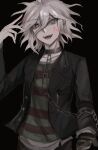  1boy :d absurdres bangs black_background black_jacket blood blood_on_face chain chained choker closed_mouth collar collarbone commentary_request crazy_eyes dangan_ronpa_(series) dangan_ronpa_another_episode:_ultra_despair_girls grey_eyes grey_hair hand_up highres jacket kabedan_(yasai_oisidaro) komaeda_nagito long_sleeves looking_at_viewer male_focus metal_collar mittens open_clothes open_jacket open_mouth pants pink_blood shiny shiny_hair shirt smile solo striped striped_shirt upper_body upper_teeth white_hair 