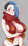  1girl 2021 agawa_ryou artist_name bare_shoulders black_hair blue_hair blush breasts dated english_commentary grey_background large_breasts long_hair looking_at_viewer midriff multicolored_hair navel original red_eyes red_scarf scarf signature simple_background solo two-tone_hair undercut 