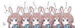  6+girls :&gt; alternate_hair_color amiya_(arknights) animal_ear_fluff animal_ears arknights ascot bangs beni_shake black_jacket blue_eyes blue_neckwear blush brown_hair closed_mouth commentary_request eyebrows_visible_through_hair flying_sweatdrops highres jacket long_hair multiple_girls open_clothes open_jacket ponytail rabbit_ears sidelocks signature simple_background translated upper_body v-shaped_eyebrows white_background 