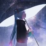  1girl black_hoodie blue_eyes blue_hair blurry blurry_background depth_of_field double_exposure expressionless eyelashes flat_chest from_side half-closed_eyes hatsune_miku highres holding holding_umbrella hood hood_down hoodie konya_karasu_kou light light_particles looking_afar looking_up nebula night night_sky parted_lips pleated_skirt profile rain shaded_face skirt sky solo star_(sky) starry_sky straight_hair transparent transparent_umbrella twintails umbrella upper_body vocaloid 