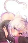  1girl absurdres animal_ear_fluff animal_ears bangs bent_over black_hoodie cat_ears cat_tail cowlick eyebrows_visible_through_hair fang fang_out grey_pants hand_on_own_arm highres hololive hood hoodie leehwa looking_at_viewer nekomata_okayu pants purple_hair smile solo sweatpants tail violet_eyes virtual_youtuber white_background 