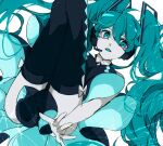  1girl aqua_eyes aqua_hair black_legwear black_skirt crypton_future_media eiku feet_out_of_frame hatsune_miku headset legs_up long_hair looking_at_viewer lying on_back open_mouth parted_lips piapro shirt skirt sleeveless sleeveless_shirt solo thigh-highs twintails two-sided_fabric two-sided_skirt very_long_hair vocaloid white_background 