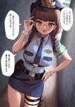  1girl adjusting_eyewear alley aya_(black_survival) bangs belt black_belt black_survival braid breast_pocket breasts brown_eyes brown_hair collared_shirt commentary_request contrapposto cowboy_shot deadnooodles dutch_angle glasses gloves gun hand_on_hip highres holster large_breasts looking_at_viewer necktie pocket police police_uniform policewoman round_eyewear shirt skirt solo speech_bubble tie_clip translation_request twin_braids uniform weapon white_gloves 