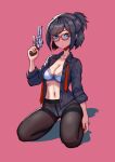  1girl black_hair black_legwear black_shirt blue_eyes bra breasts crotch_seam erica_(naze1940) glasses gun highres holding holding_gun holding_weapon navel necktie open_clothes open_shirt original panties panties_under_pantyhose pantyhose red-framed_eyewear red_background red_neckwear revolver shadow shirt small_breasts solo thighband_pantyhose underwear weapon white_bra white_panties 