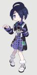  1boy absurdres ahoge allister_(pokemon) black_hair bright_pupils collared_shirt commentary_request full_body gloves gym_leader hands_up highres himawari_(kawaisounaedesu) knees long_sleeves male_focus number partially_fingerless_gloves pigeon-toed pokemon pokemon_(game) pokemon_swsh shirt shoes short_hair shorts single_glove solo standing suspender_shorts suspenders sweatdrop violet_eyes white_footwear 