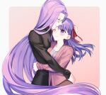  2girls blush closed_eyes fate/stay_night fate_(series) glasses hair_ribbon hug long_hair matou_sakura multiple_girls one_eye_closed purple_hair red_ribbon ribbon rider smile sweater very_long_hair violet_eyes ycco_(estrella) 