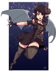  1girl arm_garter bigdead black_dress black_eyes black_hair borrowed_character commission curled_horns demon_girl demon_wings dress fingerless_gloves flower gloves highres horns nona_(thirnz) original pointy_ears short_hair smile solo thigh-highs watermark wings 