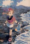  1girl bike_shorts brown_hair brown_legwear closed_mouth clouds collared_shirt commentary_request day fanny_pack gen_3_pokemon gloves grey_eyes highres knees looking_to_the_side may_(pokemon) mudkip orange_bag outdoors pokemon pokemon_(creature) pokemon_(game) pokemon_rse red_bandana red_shirt shirt shoes short_sleeves skirt sky smile socks standing starter_pokemon water white_skirt yamanote 
