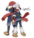  1boy 1girl black_legwear closed_mouth commentary_request copyright_name dated eyelashes female_protagonist_(pokemon_legends:_arceus) floating_hair floating_scarf grey_eyes hand_on_headwear hat highres holding holding_poke_ball male_protagonist_(pokemon_legends:_arceus) outline pantyhose petoke poke_ball poke_ball_(legends) pokemon pokemon_(game) pokemon_legends:_arceus ponytail red_headwear red_scarf sash scarf shoes sidelocks simple_background smile socks standing undershirt white_background white_headwear white_legwear white_scarf 