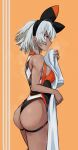  1girl absurdres arm_up ass bangs bare_shoulders bea_(pokemon) black_bodysuit black_hairband bodysuit breasts breath cowboy_shot dark_skin dark-skinned_female facing_to_the_side gloves grey_eyes grey_hair gym_leader hairband highres holding kobi420 large_breasts looking_to_the_side muscular muscular_female open_mouth orange_background pokemon pokemon_(game) pokemon_swsh shirt short_hair short_sleeves shorts simple_background solo sweat symbol_commentary thigh_strap thighs towel 