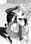  1girl arm_support bandana bare_shoulders blush breasts from_behind highres impossible_clothes impossible_shirt leggings lips long_hair looking_at_viewer looking_back monochrome original sitting smile solo yui_toshiki 