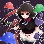  1girl arano_oki asymmetrical_wings black_hair bowtie breasts curvy frilled_legwear grin houjuu_nue impossible_clothes impossible_shirt large_breasts looking_at_viewer no_pants plump polearm red_eyes short_hair smile solo thigh-highs thigh_gap touhou trident ufo underwear weapon wings 