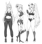  3girls akumi_(yoclesh) alternate_costume android bangs breasts english_commentary greyscale gym_shorts hair_behind_ear hand_on_hip highres horns indie_virtual_youtuber jin_grey_paladin looking_to_the_side mechanical_legs medium_breasts monochrome multiple_girls oni_horns pants pointy_ears ponytail scar scar_on_arm scar_on_face shorts smile sweatpants the_cecile_(vtuber) tied_hair vei_(vtuber) virtual_youtuber 