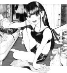  1girl absurdres bangs bare_legs barefoot black_hair black_shorts black_sports_bra blunt_bangs blush couch curtains gagaimo greyscale hand_up highres long_hair midriff monochrome open_mouth original shorts sitting smile solo sports_bra traditional_media 