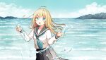  1girl :d ahoge bangs black_sailor_collar black_skirt blonde_hair blue_eyes blue_neckwear blue_sky blush clouds commentary_request day eyebrows_visible_through_hair hair_between_eyes hands_up horizon kurata_rine long_hair long_sleeves looking_at_viewer neckerchief ocean open_mouth original outdoors pleated_skirt sailor_collar school_uniform serafuku shirt skirt sky smile solo splashing very_long_hair water white_shirt 