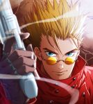  1boy bangs biskos123 black_gloves blonde_hair blue_eyes closed_mouth coat gloves gun hand_up high_collar holding holding_gun holding_weapon jewelry looking_at_viewer male_focus red_coat revolver ring round_eyewear short_hair smile solo spiky_hair sunglasses trigun upper_body v-shaped_eyebrows vash_the_stampede weapon 