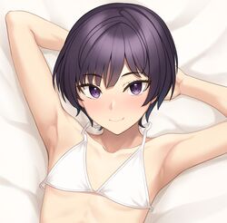  1girl armpits arms_behind_head bangs bikini blush eyebrows_visible_through_hair flat_chest hiiragi_hajime looking_at_viewer original purple_hair short_hair smile swimsuit violet_eyes white_bikini 