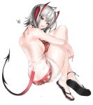  1girl antennae arknights artist_request bare_arms bare_back bare_legs bare_shoulders barefoot bikini black_horns breasts demon_girl demon_horns demon_tail feet highres horns looking_at_viewer looking_back red_bikini red_eyes sandals see-through short_hair sideboob silver_hair swimsuit tail w_(arknights) white_background 