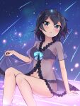  1girl bangs bare_arms bare_legs black_eyes black_hair blush breasts collarbone commentary_request falling_star feet_out_of_frame frills greater_lophorina_(kemono_friends) highres kemono_friends lingerie looking_at_viewer medium_breasts navel nightgown parted_lips see-through shiraha_maru short_hair short_sleeves sitting solo twitter_username underwear 