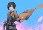  1girl absurdres androgynous black_eyes black_hair blue_background breasts brown_coat coat commentary fixro2n gun handgun highres holding holding_gun holding_petal holding_weapon kino_(kino_no_tabi) kino_no_tabi long_sleeves petals pouch reverse_trap revolver short_hair simple_background small_breasts solo weapon 