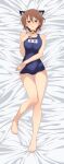  1girl animal_ears bangs barefoot bed_sheet bell blue_swimsuit blush brown_eyes brown_hair cat_ears character_name character_request choker collarbone covered_navel dakimakura_(medium) from_above full_body gulim hair_between_eyes highres higurashi_no_naku_koro_ni looking_at_viewer name_tag neck_bell open_mouth red_choker school_swimsuit shiny shiny_hair short_hair solo swimsuit thigh_gap 