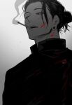  1boy bangs blood blood_on_face bloody_clothes chiaki_0219 cigarette ear_piercing gakuran getou_suguru greyscale hair_bun highres jacket jujutsu_kaisen looking_away male_focus monochrome mouth_hold piercing school_uniform short_hair simple_background smoking solo spot_color upper_body 