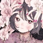  1girl bangs black_background expressionless flower grey_hair hands_up looking_at_viewer momo_walnut original purple_nails short_hair solo upper_body violet_eyes white_flower 