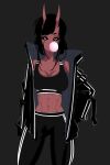  1girl absurdres black_clothes black_hair black_pants black_sclera bubble_blowing chewing_gum colored_sclera colored_skin highres horns jacket looking_at_viewer moloko_ov original pants red_skin sports_bra sportswear track_pants white_eyes 