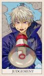  1boy bangs beige_border blue_jacket blue_sky border buttons commentary day emphasis_lines english_commentary english_text facial_mark hand_up high_collar highres holding holding_megaphone inumaki_toge jacket jpeg_artifacts judgement_(tarot) jujutsu_kaisen kadeart long_sleeves looking_at_viewer male_focus megaphone open_mouth outdoors roman_numeral short_hair shouting sky solo standing tarot teeth tongue upper_body v-shaped_eyebrows violet_eyes white_hair 