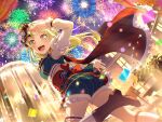 1girl bang_dream! blonde_hair blush building confetti dress fireworks fountain long_hair looking_at_viewer night official_art open_mouth smile solo tsurumaki_kokoro yellow_eyes