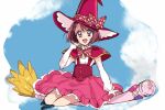  1girl :d blush broom broom_riding brown_eyes brown_hair capelet hair_ornament hairclip hanadera_nodoka haru_(nature_life) hat healin&#039;_good_precure layered_skirt long_sleeves looking_at_viewer magic_school_uniform mahou_girls_precure! medium_hair medium_skirt open_mouth pink_skirt plaid_neckwear precure red_capelet red_headwear school_uniform shiny shiny_hair shirt sitting sketch skirt smile solo underbust white_shirt witch_hat 