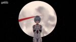  1girl artist_name ayanami_rei bangs blue_hair breasts clenched_hands covered_navel crossed_arms english_commentary eyebrows_visible_through_hair highres medium_breasts minxei moon neon_genesis_evangelion pilot_suit plugsuit red_eyes reward_available short_hair skin_tight solo space 