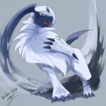  absol bright_pupils claws commentary_request dated fangs gen_3_pokemon grey_background no_humans open_mouth pokemon pokemon_(creature) red_eyes signature solo standing tongue white_fur yu_ikedon 