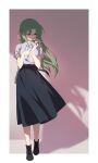  1girl absurdres black_footwear black_skirt blue_shirt border collared_shirt commentary dress_shirt floating_hair flower full_body green_hair gulim hair_intakes hair_ribbon highres higurashi_no_naku_koro_ni holding holding_flower long_hair long_skirt outside_border ribbon shirt short_sleeves skirt solo sonozaki_shion standing very_long_hair white_border white_flower wing_collar yellow_ribbon 