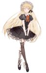  1girl absurdres asymmetrical_legwear bangs black_gloves blonde_hair crossed_legs frilled_hairband frills full_body garter_straps girls_frontline gloves gothic_lolita gula233 hair_ornament hairband hands_together highres lolita_fashion long_hair mismatched_legwear orange_eyes ppk_(girls_frontline) puffy_sleeves short_sleeves simple_background sock_garters solo standing v_arms very_long_hair white_background x_hair_ornament 