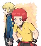  2boys afro black_choker blonde_hair blue_eyes brown_eyes choker closed_mouth collared_shirt commentary_request elite_four flint_(pokemon) gym_leader hands_in_pockets jacket korean_commentary long_sleeves male_focus multiple_boys pants pokemon pokemon_(game) pokemon_dppt redhead rnehrdyd1212 shirt short_sleeves smile spiky_hair volkner_(pokemon) yellow_shirt 