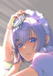  1girl absurdres bangs bloom blue_eyes blurry blurry_foreground braid depth_of_field eyebrows_visible_through_hair from_side glint grey_background hair_between_eyes hand_up highres holding izayoi_sakuya jnakamura1182 light_blush light_rays light_smile looking_at_viewer maid parted_lips pocket_watch shiny shiny_hair shirt short_hair short_sleeves silver_hair single_braid solo sunlight touhou watch white_shirt 