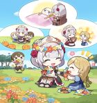  &gt;_&lt; 1boy 2girls armor armored_dress artist_request bangs bed blonde_hair blue_dress blue_eyes bouquet braid brown_hair chair chibi closed_eyes day dress english_commentary flower flying_sweatdrops food genshin_impact grass green_eyes hair_flower hair_ornament head_wreath holding holding_bouquet holding_food holding_sword holding_weapon long_hair lying maid maid_headdress multiple_girls noelle_(genshin_impact) official_art on_back open_mouth outdoors red_flower red_rose rose short_hair silver_hair sitting sky slime_(genshin_impact) smile stuffed_animal stuffed_toy sword tears teddy_bear tree twin_braids weapon 