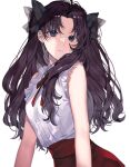  1girl bangs bare_arms bare_shoulders black_hair blue_eyes bow commentary_request contrapposto cowboy_shot eyebrows_visible_through_hair fate/stay_night fate_(series) frilled_shirt frills hair_bow hair_ribbon highres long_hair looking_at_viewer neck_ribbon parted_bangs red_skirt ribbon shimatori_(sanyyyy) shirt shirt_tucked_in simple_background skirt sleeveless sleeveless_shirt solo teeth thigh-highs tohsaka_rin two_side_up upper_body white_background white_shirt 