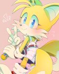  1girl animal_nose belt blue_eyes blush closed_mouth flying_sweatdrops fox_girl furry genderswap genderswap_(mtf) gloves holding_screwdriver looking_at_viewer misuta710 mixed-language_commentary multiple_tails overalls screwdriver smile solo sonic_(series) tail tails_(sonic) two_tails v white_gloves 