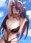  1girl arm_up armpits bikini black_bikini blue_sky breasts clouds genshin_impact hair_over_one_eye highres large_breasts long_hair red_eyes redhead rosaria_(genshin_impact) sky swimsuit tinnies veil 