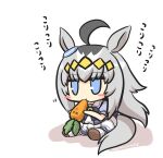  1girl absurdres ahoge animal_ears bangs blue_eyes blue_shirt blush_stickers brown_footwear carrot chibi colored_shadow commentary_request eating eyebrows_visible_through_hair food full_body goma_(gomasamune) grey_hair highres holding holding_food horse_ears horse_girl horse_tail jitome long_hair multicolored_hair oguri_cap_(umamusume) pleated_skirt puffy_short_sleeves puffy_sleeves school_uniform shadow shirt shoes short_sleeves sitting skirt solo tail thigh-highs translation_request twitter_username two-tone_hair umamusume very_long_hair white_background white_legwear white_skirt 