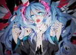  1girl bangs bare_shoulders blood blue_eyes blue_hair blue_nails detached_sleeves eiku eyebrows_visible_through_hair fingernails ghost_rule_(vocaloid) glowing glowing_eyes grey_shirt hair_between_eyes hair_ornament hand_around_neck hatsune_miku long_hair looking_at_viewer nail_polish open_mouth shirt sleeveless sleeveless_shirt solo twintails upper_body very_long_hair vocaloid 