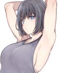  1girl alp armpits arms_behind_head arms_up bangs black_hair blue_eyes blush bob_cut bra bra_peek breasts closed_mouth eyebrows_visible_through_hair grey_tank_top highres large_breasts looking_at_viewer original short_hair sideboob simple_background sleeveless solo tank_top underwear upper_body white_background white_bra 