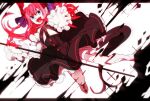 1girl black_dress blood blue_eyes boots detached_sleeves dress eiku elizabeth_bathory_(fate) elizabeth_bathory_(fate)_(all) eyebrows_visible_through_hair fang fate/grand_order fate_(series) hair_between_eyes highres holding holding_polearm holding_weapon horns knee_boots layered_dress long_hair looking_at_viewer open_mouth pink_hair pointy_ears polearm purple_ribbon ribbon solo tail weapon white_background white_sleeves
