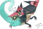  &gt;_&lt; claws commentary_request dated dragapult dreepy gen_8_pokemon half-closed_eyes no_humans open_mouth pokemon pokemon_(creature) signature simple_background tongue white_background yu_ikedon 