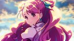  1girl backlighting bangs blurry blurry_background clouds cure_grace day earrings eyebrows_visible_through_hair floating_hair from_behind hair_between_eyes healin&#039;_good_precure highres jewelry long_hair looking_at_viewer looking_back pink_hair portrait precure red_eyes sayousuke shiny shiny_hair solo 