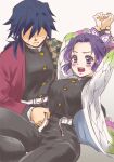  1boy 1girl arms_behind_head arms_up asuma_shin belt belt_buckle black_hair black_jacket black_pants blue_hair buckle butterfly_hair_ornament gradient_hair hair_ornament hair_over_eyes haori jacket japanese_clothes kimetsu_no_yaiba kochou_shinobu long_hair long_sleeves multicolored_hair pants purple_hair short_hair tomioka_giyuu undressing_another white_belt wrist_grab 